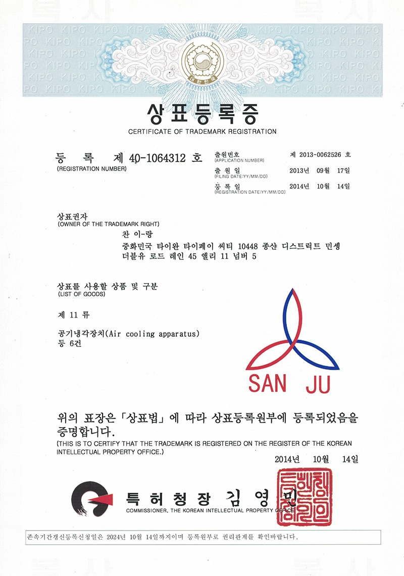 sanju韩国商标注册证书